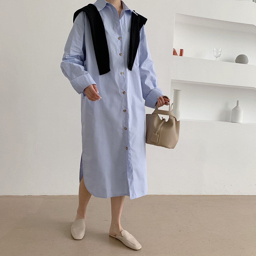 Turn-Down Collar Long Sleeve Loose Shirt Dress With Chest Pocket Button Up Solid Casual Midi Dress