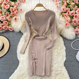 V Neck Long Sleeve Ribbed Knitted Dress Sexy Front Lace Up Slit Bodycon Dress