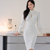 Fashion Women Stand Collar Puff Sleeve Bodycon Dress Female Slim Hollow Out Office Lady Knee-Length Vestidos