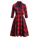 Notched Collar Red Plaid Cotton Vintage 50s Bow Three Quarter Sleeve Elegant Midi Dress