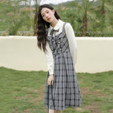 Patchwork Vintage Kawaii Dress Women Fake Two-Piece Plaid Party Midi Dress Female Korean College Style Chic Dress Autumn 2021