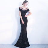 Elegant Backless Evening Dress Simple Black Sequin Dress Short Sleeve Dress