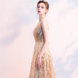 Luxury Long Evening Dress Rose Gold Sleeveless Vestido Sequins Dinner Gowns O-neck A-line Formal Party Prom Gowns