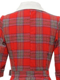 Turn-Down Collar Frilled Button Up Red Plaid Vintage Women 3/4 Length Sleeve Belted Midi Dress