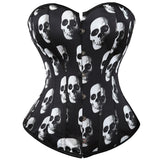 Women Halloween Steampunk Skull Print Boned Lace up Overbust Corset Bustier Waist Trainner Lingerie Top