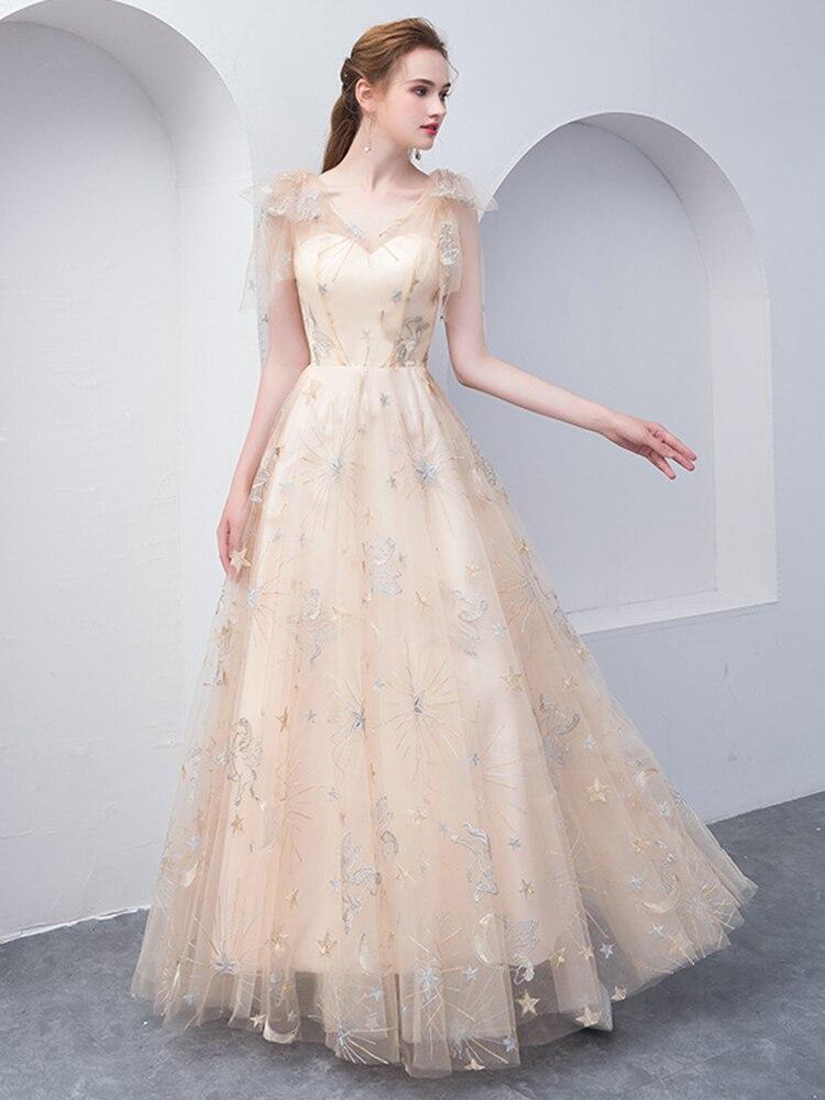 Short Lotus Sleeve V Neck Evening Dress A Line Tulle Party Prom Gowns Elegant Women Champagne Formal Occasion Dress