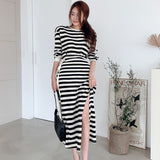 Women  Striped Lace Up Office Ladies Elegant Side Split  Vestidos Casual Long Sleeve Robe Autumn Spring Dress