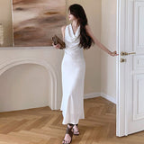 Summer 2021 Satin Dress Woman Sleeveless Spaghetti Strap Evening White Black Party Wedding Vintage Pure Long  Dresses