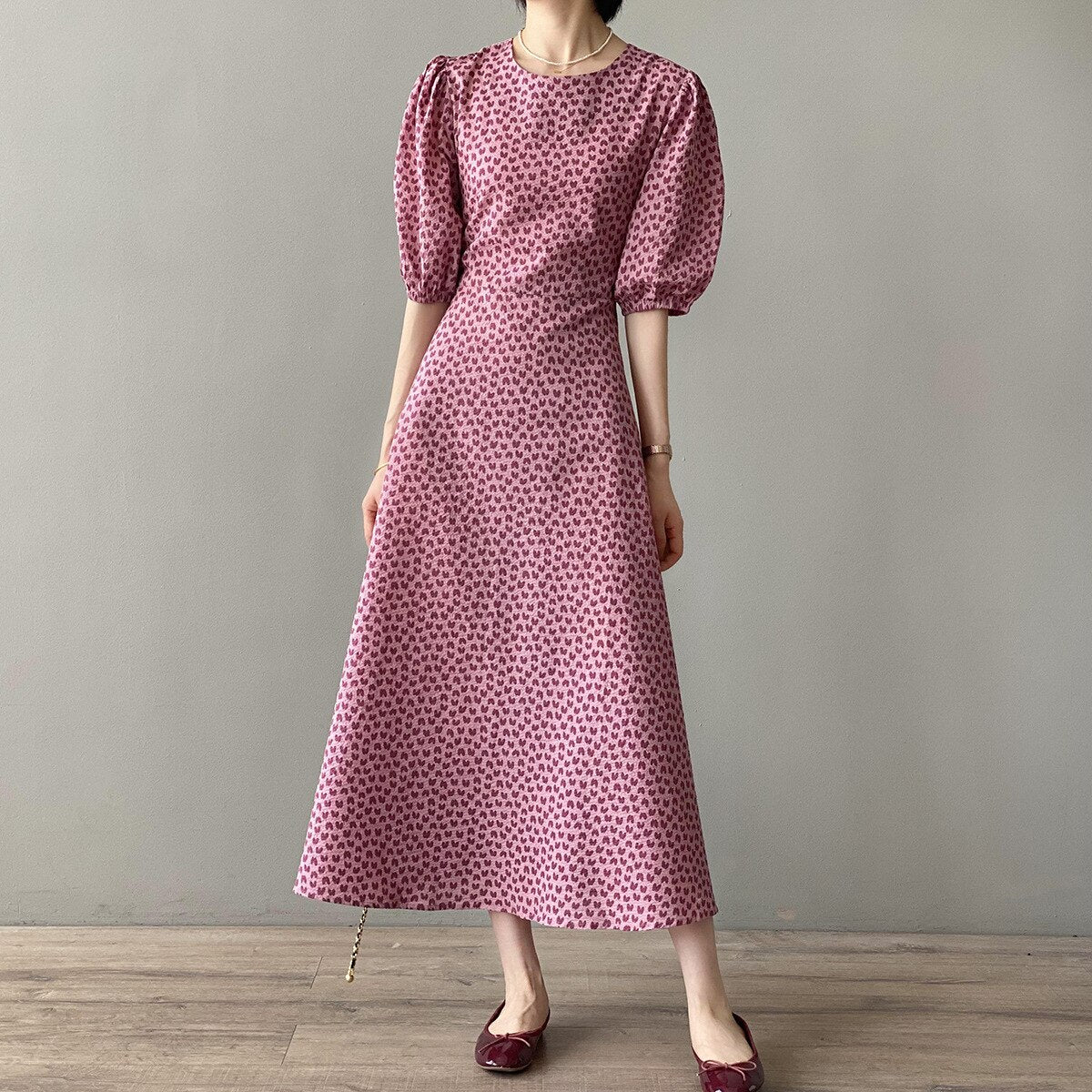 Summer Elegant Women High Waist Print A-Line Puff Sleeve Slim Boho Dress Streetwear