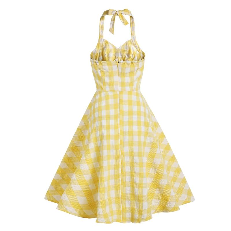 2021 Vacation Women Summer Dress Sexy Backless Party Halter Neck Yellow Plaid 50s Vintage High Waist Ladies Swing Dresses