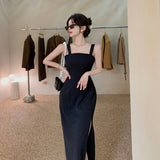 2021 Women  Sexy White Solid Beach Party Spaghetti Strap Midi Slit Dress Elegant Female Summer Bodycon Clothes