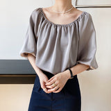 Summer Casual Loose Shirts Women Half Sleeve Slash Neck Blouse Pullover Satin Tops Outwear