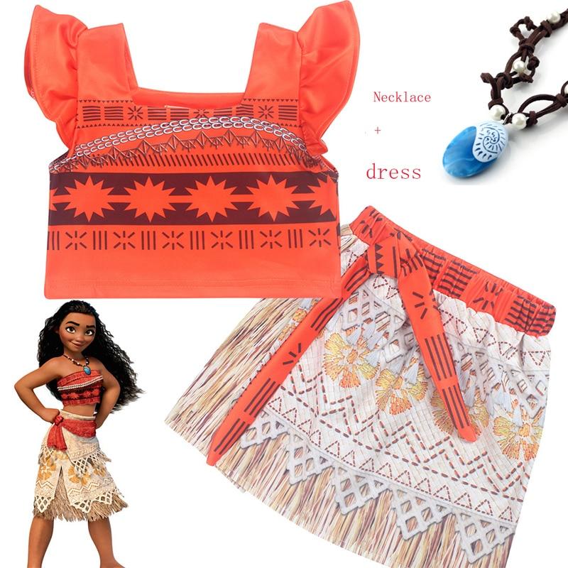 Hot Princess Moana Cosplay Costume for Children Vaiana dress Costume with Necklace for Halloween Costumes for Kids Girls Gifts