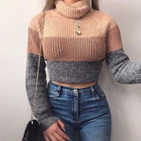 Wide Stripe Patchwork Turtleneck Autumn Knitted Ladies Causal Sweater Tops Women Pullovers