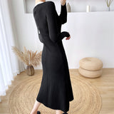 Autumn Winter Women Patchwork V-Neck Dress Long Sleeve A-Line Female Sweater Midi Dress Ladies Knitting Vestidos