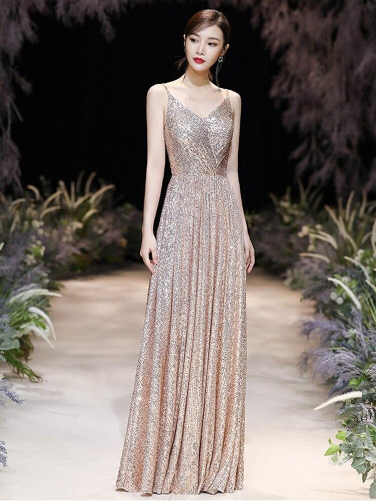 Sleeveless Suspender Shinning Evening Dress A-line Sequins Champagne Gold Party Dress Elegant Floor Length Full Prom Gowns
