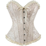 Hot Sale ! Sexy Satin Floral Gothic Lace up Boned Overbust Corset Bustier Waist Trainer Plus Size XS-7XL with G-string