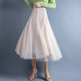 Women Korean Mesh A-Line High Waist Solid Casual Bohemia Skirts Outwear