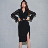 Women Spring Korean Elegant OL Dress Chic Suit Collar Waistbelt Slit Bodycon Dresses Party Vestidos