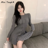 Winter Kawaii Knitted Sweater Dress Women Korean Fashion Sweet Party Mini Dress Female Sexy Solid Pleated Designer Dress 2021