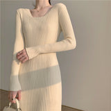 Women Square Collar Full Sleeve Sweater Midi Dress Autumn Winter Knitted Dress Casual A-Line Female Vestidos