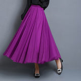 Women High Waist Mesh Solid A-Line Long Casual Pleated Skirts Streetwear