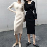 Autumn Winter Women Casual V-Neck Knitted Bodycon Dress Stretched Female Elegant Pencil Dress Sweater Vestidos