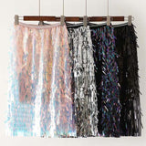 Women Tassel Sequins Patchwork Ladies Streetwear Casual High Waist Holographic Fringed Long Skirt