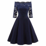 1950s Vintage Navy Blue Lace Sleeve Off Shoulder Women Elegant Evening Party Dress