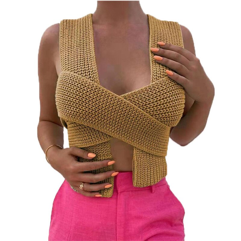 Knit Vest Cross Sexy DIY Style Solid Wrap Crop Tops