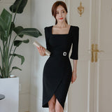 New Women Sheath Pencil Dress Female Elegant Slim Bodycon Dresses Korean Knee-Length Work Casual Vestidos