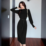 Women Elegant O-neck Dress 2021 Autumn Winter Knitted Dress Female Midi Sweaters Vestidos