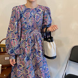 Women Spring Autumn Vintage Floral Dress Korean Elegant Chiffon Loose Holiday Dresses Hedging Long Sleeve Ladies Dress