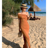 2021 Fashion Summer Vacation Dress Long Party Dress Women Elegant Beach Sexy Strapless Folds High Split Bodycon Dress