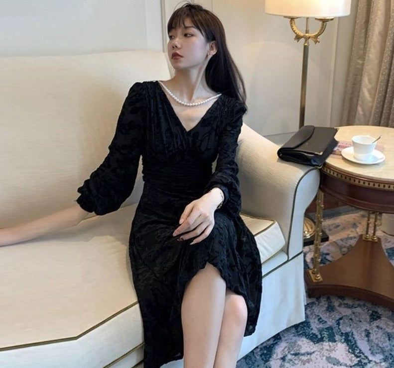 2021 Winter Office Lady Vintage Midi Dress Women Long Sleeve Black Elegant Dress Design Evening Party One Piece Dress Korean