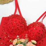 Sexy Crop Top To Wear Out Short Beads Sequins Women Cropped Top Corset Push Up Bustier Camis Built in Bra