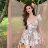 Sexy Party Mini Dresses Summer Ladies Print Puff Sleeve Club Outfits for Women Cute Bodycon Kawaii Beach Vintage Dress