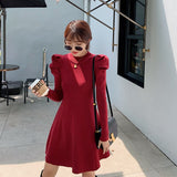 Women Winter Puff Sleeve Casual Dress Female Long Sleeve O-Neck Mini Rib Knitted Slim Wrap Dress