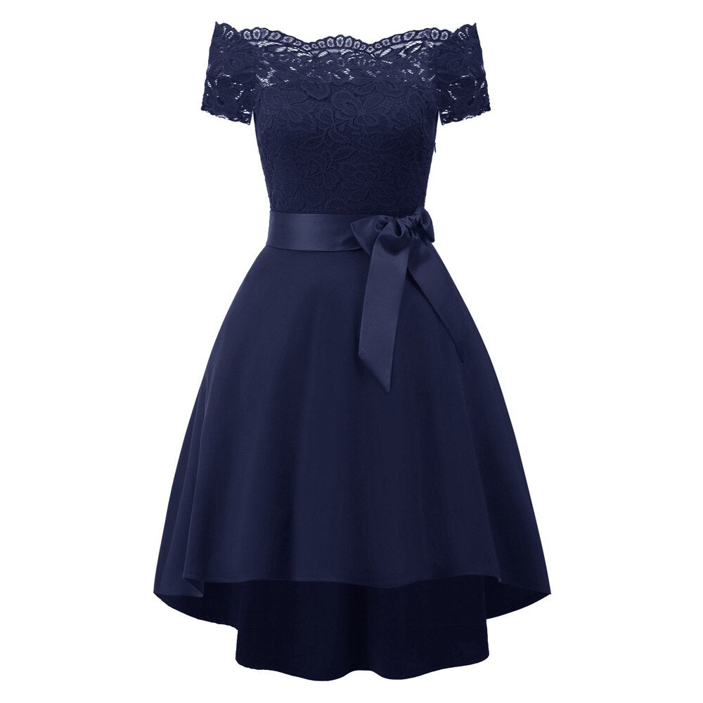 1950s Elegant Lace Off Shoulder Patchwork Robe High Low Short Sleeve Evening Party Dress