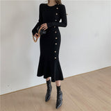 New Autumn Women Black Knitting Dress Casual O-Neck Elegance Full Sleeve Solid Ruffle Dresses Female Clothing