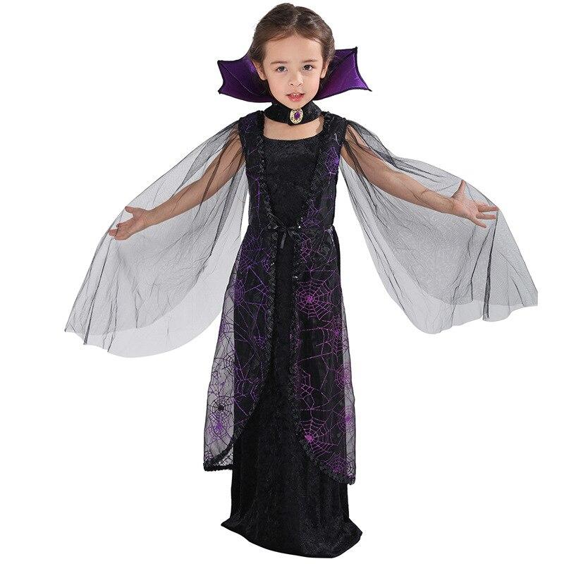 Purple Spider Vampire Cosplay Girls Halloween Costume For Kids Lace Cape Long Dress Carnival Party Queen Collar