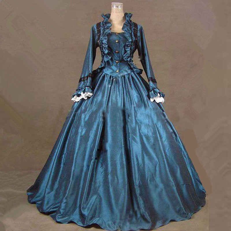 Blue Satin Long Sleeve Petticoat Gothic Dress Lolita Costume Victorian Ball Gown Halloween Carnival Cosplay Dresses For Women