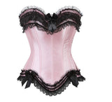 Sexy Satin Lace overlay Overbust Corset Top Zipper Side Bowknot Decorated Clubwear Showgirl Body Shaper Plus Size S-6XL