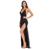 High Slit Gold Sequin Long Maxi Tassels V-neck Sexy Evening Party Spaghetti Strap Black Dress