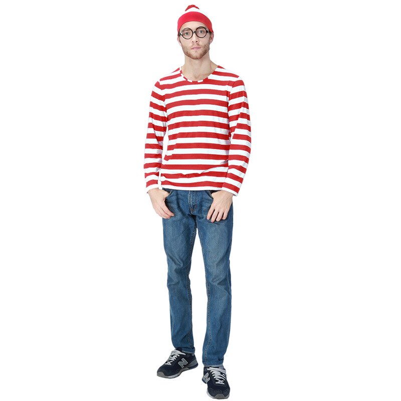 Red&White Stripe Parent-Child Where's Wally Waldo Costume TV Cartoon Where is Wally Waldo Cosplay Costume