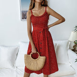 Summer Bohemian Floral Ladies Beach Sundress Pocket Spaghetti Midi Polka Dot Dress