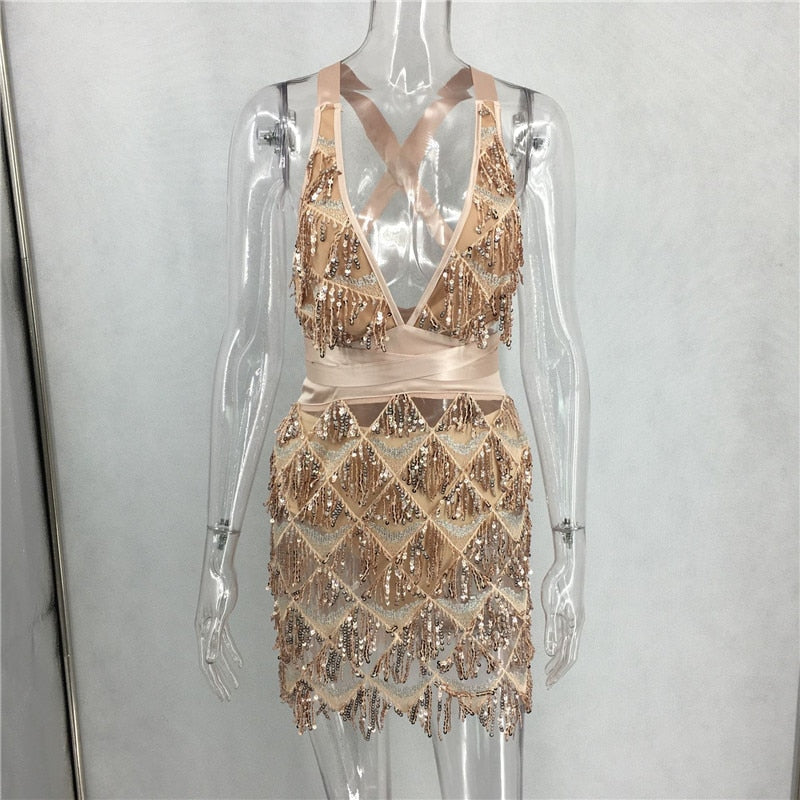 Sparkle Backless Tassel Sequins Bodycon Sequins Fringed Bandage Dress