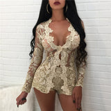 2pcs/set Mesh Gold Embroidery Floral Lace Single Button Long Sleeve Shorts Chic Clubwear