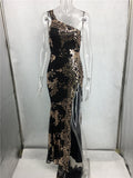 3 Color Embroidery Sequin One Shoulder Long Chic Maxi High Split Nightclub Party Dress