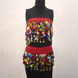 Shiny Sequined 2 Piece Sets Women Colorful Crop Tops Mini Skirts Belly Dance Rave